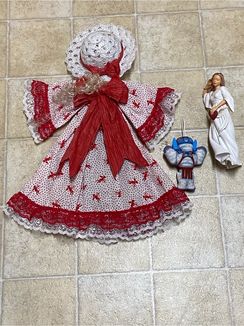 Handmade Red & White Doll Dress with Lace Trim - Kids Toys & Ángel Decor - Picture 5 of 7